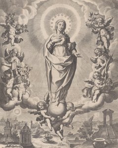 The Virgin in Glory, standing on clouds and surrounded by angels holding the symbols by Cornelis Galle I