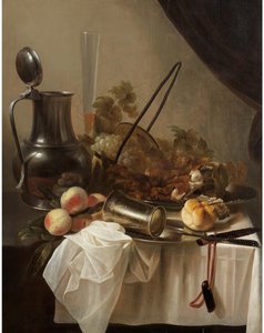 A Pewter Jug with an Overturned Silver Cup with Fruit, Bread and Meat on a Draped Table-top