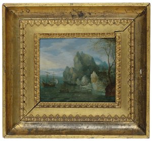 A Rocky Coastal Landscape with Figures on the Shore and a Moored Galley