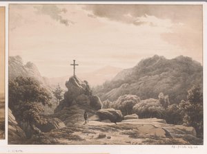 Mountain Landscape with Cross on a Rock