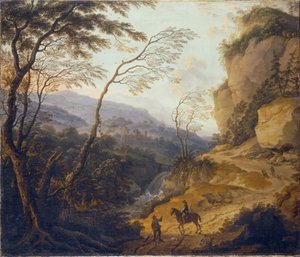 Mountain Landscape with a Rider and a Hunter in Conversation