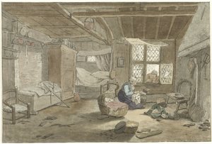 Interior with Woman by Cradle by Cornelis Ploos van Amstel (signed by artist)
