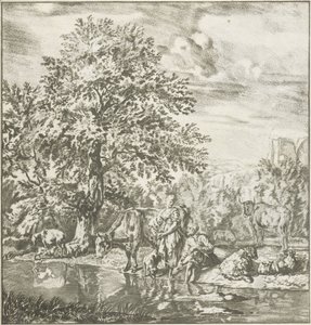 Shepherd and Shepherdess with Flock by a River (series title) by Cornelis Ploos van Amstel