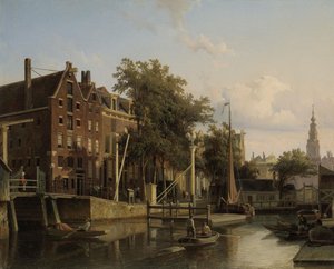 Cityscape Gelderse Kade at the Nieuwmarkt by Cornelis Springer