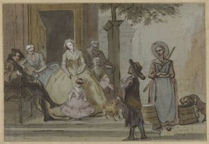 Hurdy-Gurdy Player for a Listening Family on the Steps of a Townhouse by Cornelis Troost