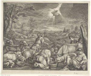 Abraham Departs for Shechem / Annunciation to the Shepherds by Cornelis Visscher (II)