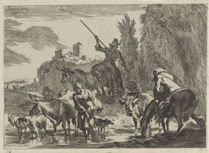 Shepherds with Cattle Wading Through a Stream (Landscapes) by Cornelis Visscher (II)