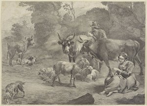 Landscape with a Shepherd and a Sewing Shepherdess by Cornelis Visscher (II)
