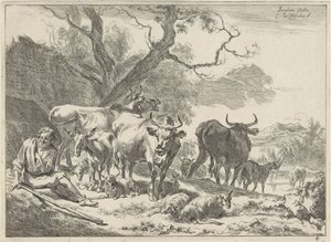 Resting Old Shepherd with His Flock by Cornelis Visscher (II)
