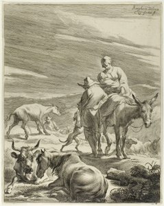 A Mother and Swathed Child Riding a Donkey, plate 4 from Four Landscapes by Cornelis Visscher