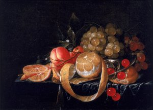 A Still Life with a Lemon, Grapes, Cherries and Apricots on a Pewter Plate
