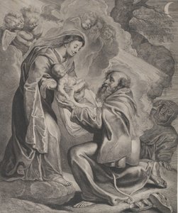 The Vision of Saint Francis, kneeling at right, receiving the Christ child from the Virgin, 1650