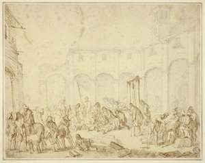 Wounded Soldiers in a Courtyard on Town Square by Cornelis de Wael