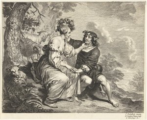 Shepherd and shepherdess in landscape by Cornelis van Dalen (II)