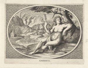 Female Personification of the Continent America as a Woman with Feather Headdress and Arrow in Landscape