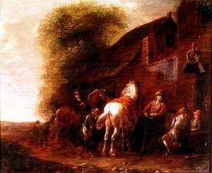 Horsemen outside a village inn by Cornelis van Essen