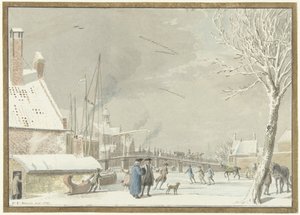 Frozen City Canal with Skaters