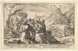 God enters into a covenant with Noah: next to a smoking pyre Noah kneels in a gesture of p... by Crispijn de Passe I