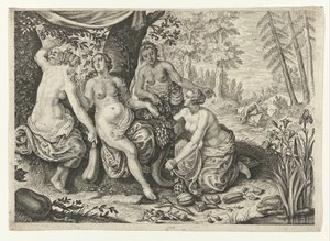 Nymphs Filling the Horn of Plenty (Metamorphoses of Ovid) by Crispijn van de Passe (II) (attributed to)