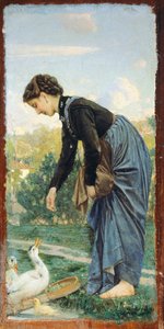 Young Woman Feeding a Duck