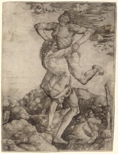 Hercules and Antaeus by Cristofano Robetta, after Antonio del Pollaiuolo