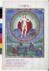 Comed with the zodiac signs of balance and bull. Downstairs, the gallant scenes. Miniature made by Cristoforo de Predis in 