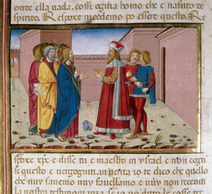 Nicodema the Pharisee visits Jesus. Miniature by Cristoforo De Predis after the History of the New Testament by Cristoforo De Predis