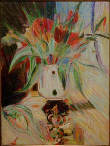 Tulips in a Bulbous Vase in Front of a Curtain by Curt Herrmann