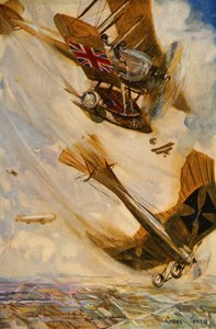 British biplane bringing down a German Taube monoplane with pistol fire, early in the war by Cyrus Cuneo
