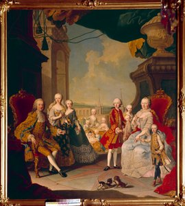 Francois I of the Holy Empire (1708-1765) and his wife the Empress Marie Therese I (1717-1780) with their eleven children on the terrace of the castle of Schonbrunn. The future queen Marie Antoinette poses in the centre still baby. by Daniel (and Studio) (after) Mytens