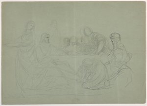 Mary Washing the Feet of Christ, Several Men Seated at a Table; Verso: Notes, 1852 by Daniel Huntington