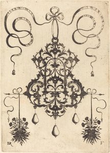 Large Pendant, Lower Left and Right Two Bunches of Grass, Flowers, and Fruit by Daniel Mignot