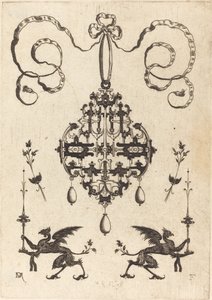 Large Pendant, Lower Left and Right Two Griffins Carrying Fantasy Candlesticks by Daniel Mignot
