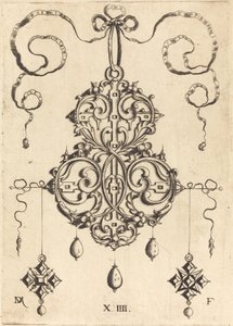 Strapwork Pendant with Three Drops and Two Cross-Shaped Pendants as Earrings at Left and Right by Daniel Mignot