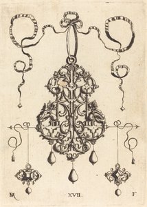 Strapwork Pendant with Two Square Tablestones as Earrings at Left and Right by Daniel Mignot