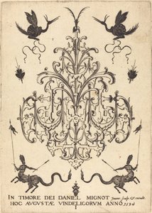 Title Page: Brooch, Snail-like Animals Above, Centaurs with Banners at Bottom by Daniel Mignot