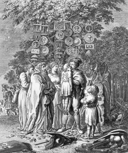 Hermann, in front of a large oak, lifts the wounded sacrificial boy and kisses him. Plate 1 from 