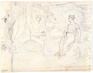 A Satyr with a Flute and a Young Girl, Sitting in a Forest by Dankvart Dreyer