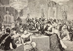 Buffet room, Court ball at Quirinale, Rome, Italy, engraving from drawing by Dante Paolocci