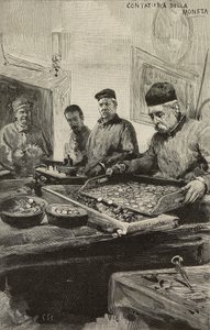 Counting coins in mint of Rome, Italy (engraving)