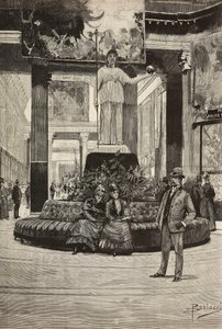 Exposition of fabrics and laces, Rotonda and Fabrics Gallery, Rome, Italy, engraving from drawing by Dante Paolocci by Dante Paolocci