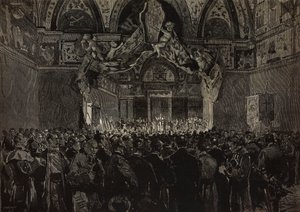 Leo XIII receiving French pilgrims in Ducal Hall, Papal Jubilee, Vatican (engraving) by Dante Paolocci
