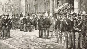 Politicians and officers attending funeral procession of Luigi Mezzacapo, Italian politician and officer, Rome, Italy, engraving from drawing by Dante Paolocci by Dante Paolocci