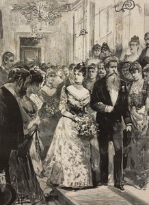Queen Margherita of Savoy at party of Artistic Club of Rome, accompanied by sculptor Giulio Monteverde, Italy, engraving after drawing by Dante Paolocci, from L