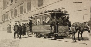 Tram directed to St Peter on occasion of Episcopal Jubilee of Leo XIII, Rome, Italy, engraving after drawing by Dante Paolocci, from L