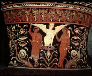 Apulian red-figure volute crater, detail of the neck depicting Oedipus and the Sphinx by Darius Painter