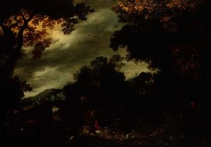 Stag hunt in a wooded landscape by David (circle of) Vinckboons