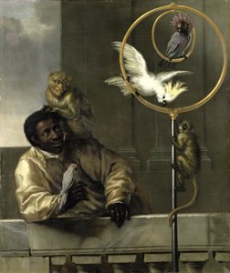 Black Man with Parrots and Monkeys