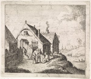 Three Men in Conversation by a House