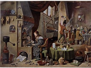 An alchemist laboratory in the 17th century - according to the painting of David Téniers the Younger by David the Younger (after) Teniers